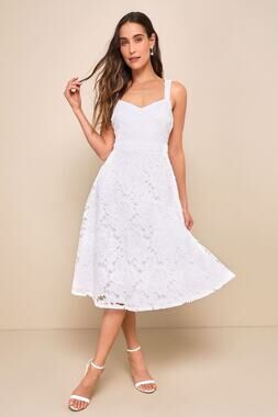 NWT Lulus Divine Beauty White Lace Midi Dress With Pockets Classy Elegant Size L